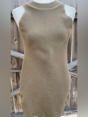 Rebecca Minkoff Chevron Ribbed Knit Halter Dress Camel/Taupe Mock Neck Midi